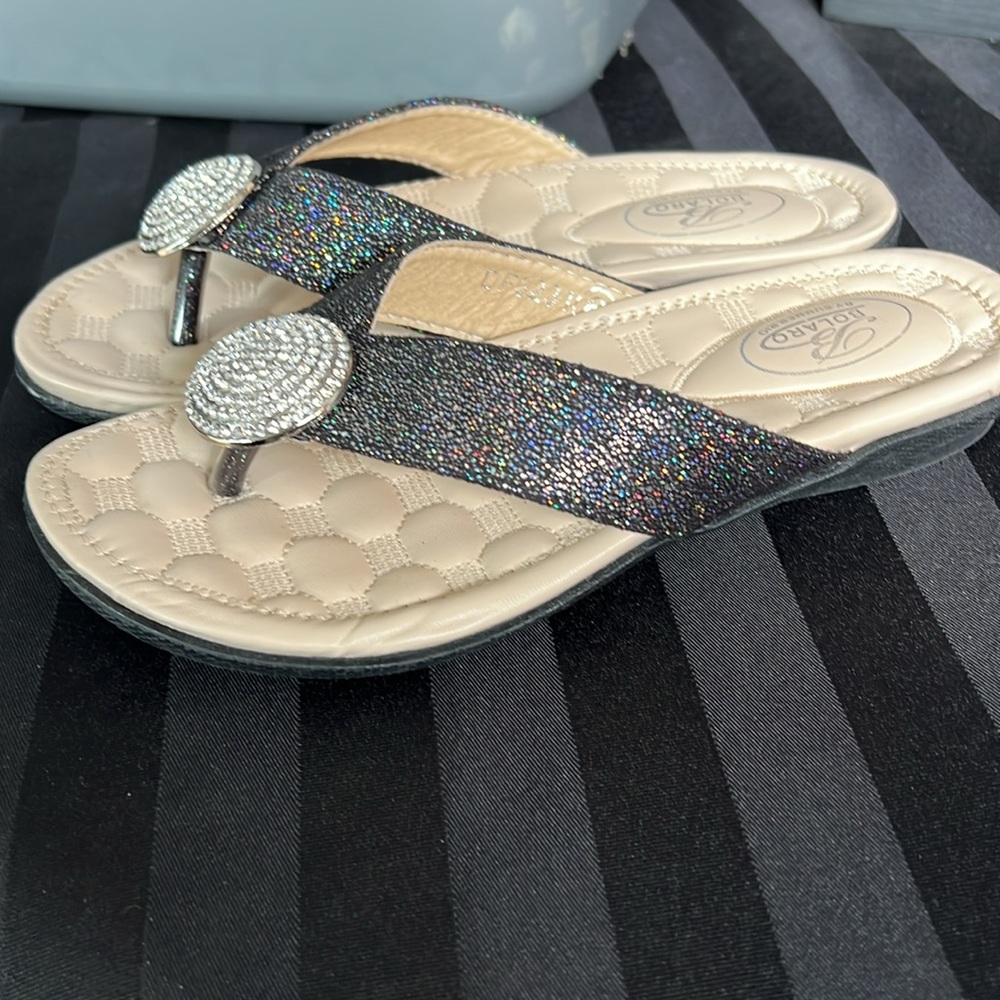New!! Summer Rio BOLARO Black Glitter Sandals with Rhinestone Accent